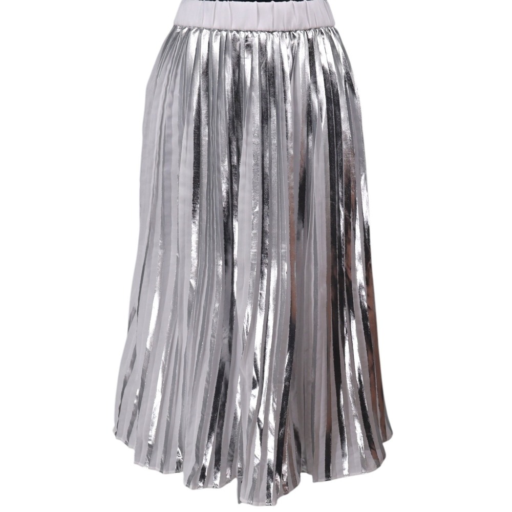 Catherine Malandrino Duncan Silver Pleated Midi Skirt M NYE Party Going Out NWT